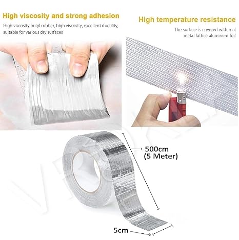 Waterproof Repair Tape for Pipe Leakage Roof Water Leakage Solution Aluminium Foil Tape Waterproof Adhesive Sealing Butyl Rubber Tape for Surface Crack (5cmx5m) (Silver)