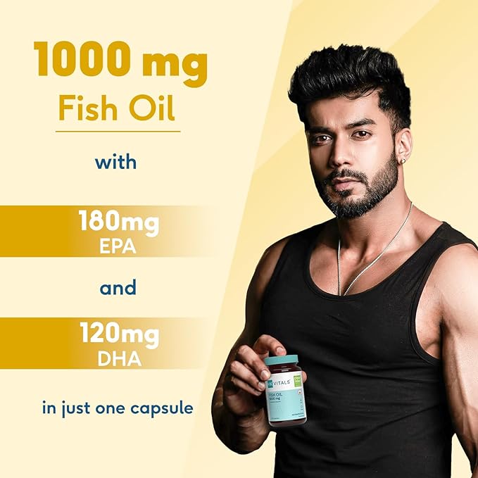 HealthKart HK Vitals Fish Oil Capsule For Men And Women, 60 Omega 3 Fish Oil Capsules (1000mg Omega 3 with 180 mg EPA & 120 mg DHA), for Brain, Heart, Eyes, and Joints Health