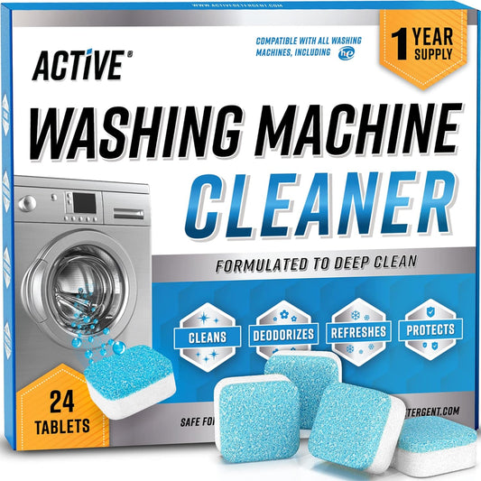 ACTIVE Washing Machine Cleaner Descaler 24 Pack - Deep Cleaning Tablets For HE Front Loader & Top Load Washer, Clean Inside Drum And Laundry Tub Seal (Washing Machine Cleaner Tablets - 24 Pack)